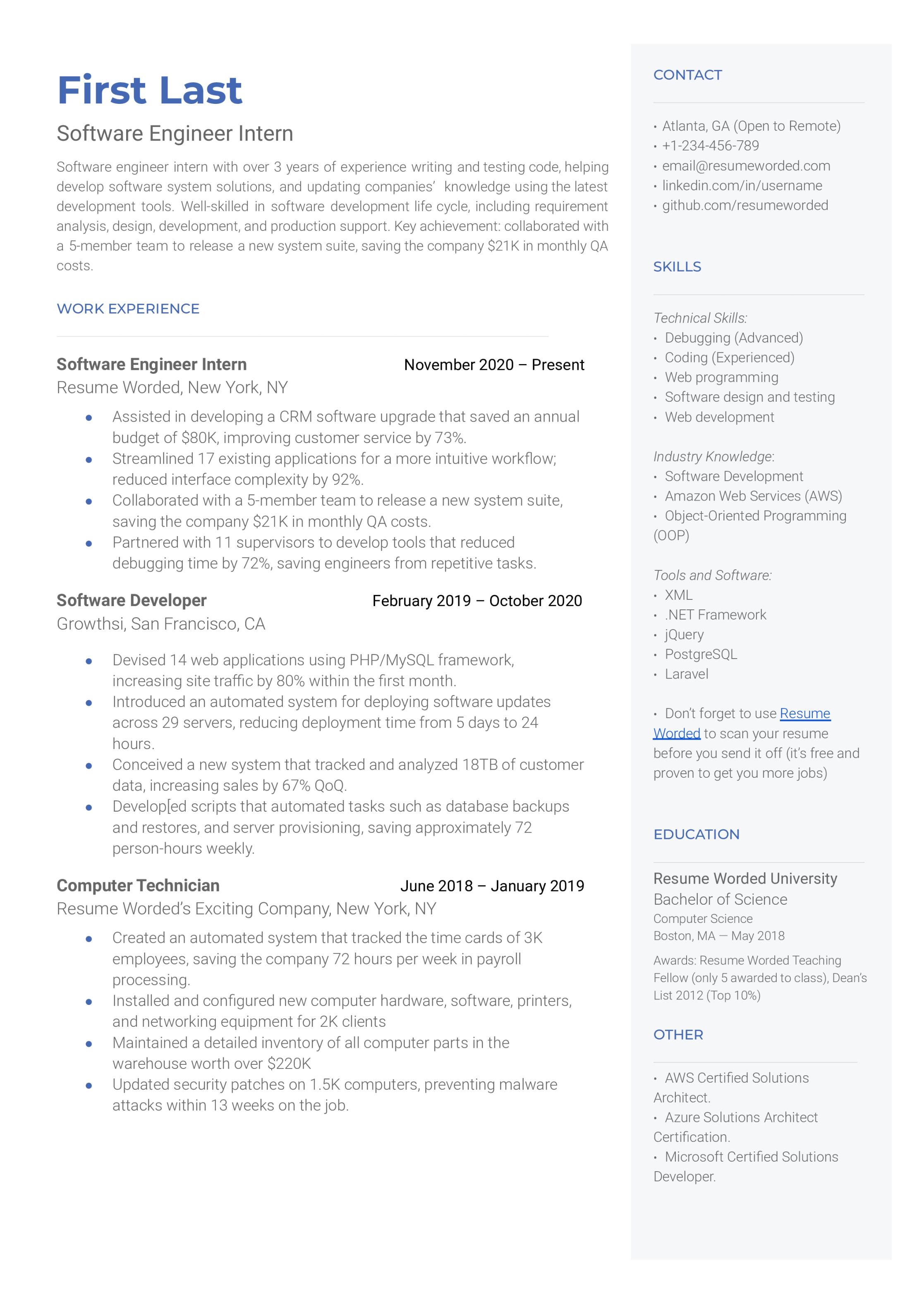 Software Engineer Intern Resume Examples for   Resume Worded